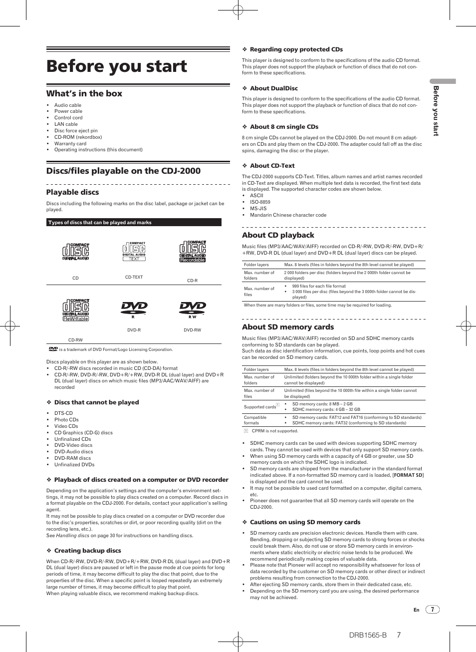 Before you start, What’s in the box, Discs/ files playable on the cdj-2000 | Playable discs, About cd playback | Pioneer Pioneer Multi Player CDJ-2000 User Manual | Page 7 / 32