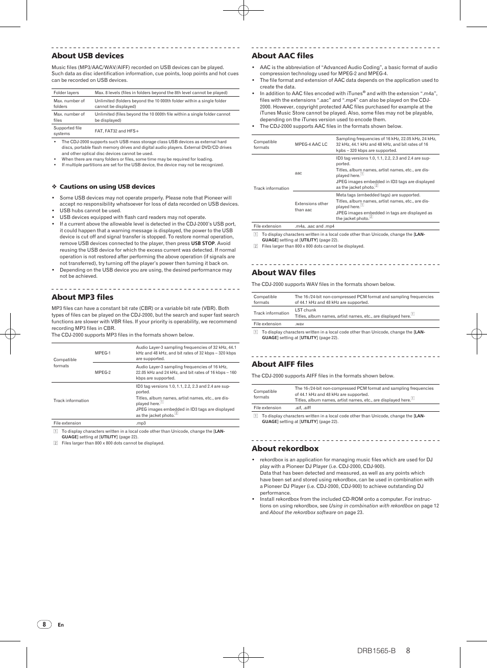 About usb devices, About mp3 files, About aac files | About wav files, About aiff files, About rekordbox | Pioneer Pioneer Multi Player CDJ-2000 User Manual | Page 8 / 32