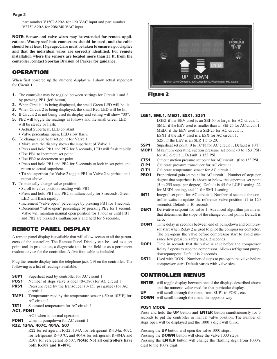 Operation, Remote panel display, Controller menus | Parker Hannifin R-22 User Manual | Page 2 / 4