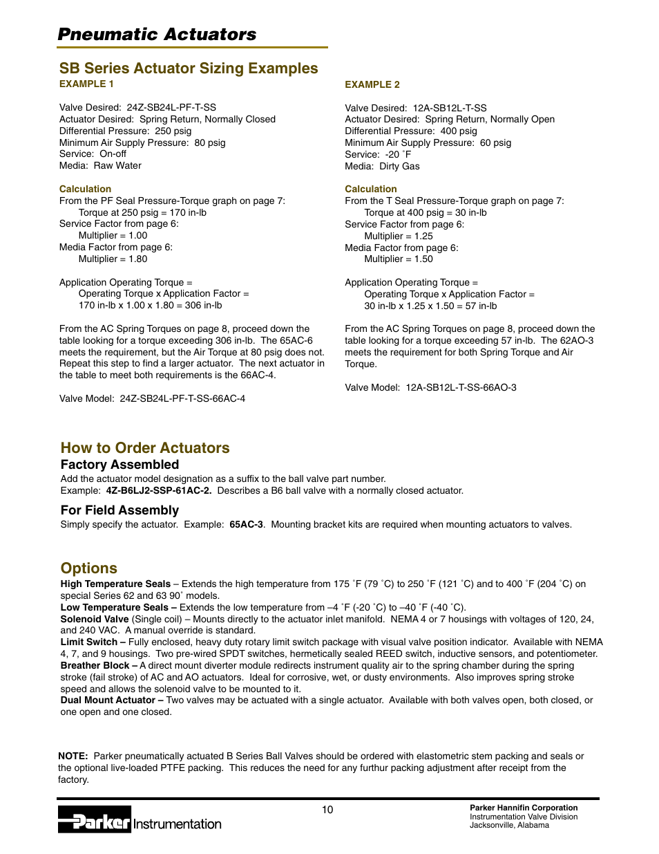 Pneumatic actuators, Sb series actuator sizing examples, How to order actuators | Options | Parker Hannifin 4123-PA User Manual | Page 10 / 12