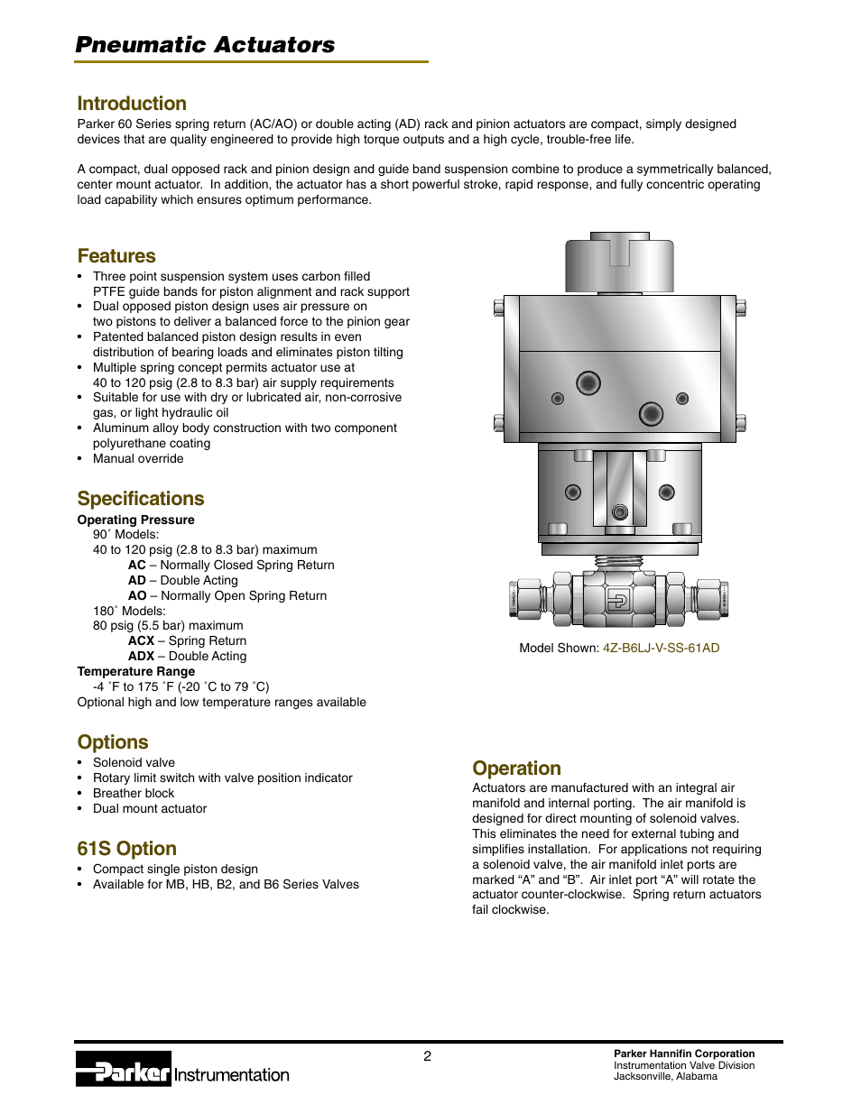 Pneumatic actuators, Introduction, Features | Specifications, Options, 61s option, Operation | Parker Hannifin 4123-PA User Manual | Page 2 / 12