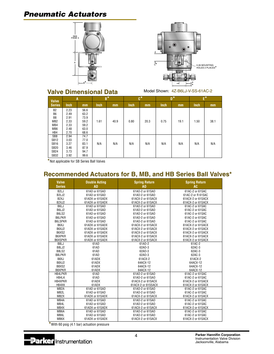 Pneumatic actuators, Valve dimensional data | Parker Hannifin 4123-PA User Manual | Page 4 / 12