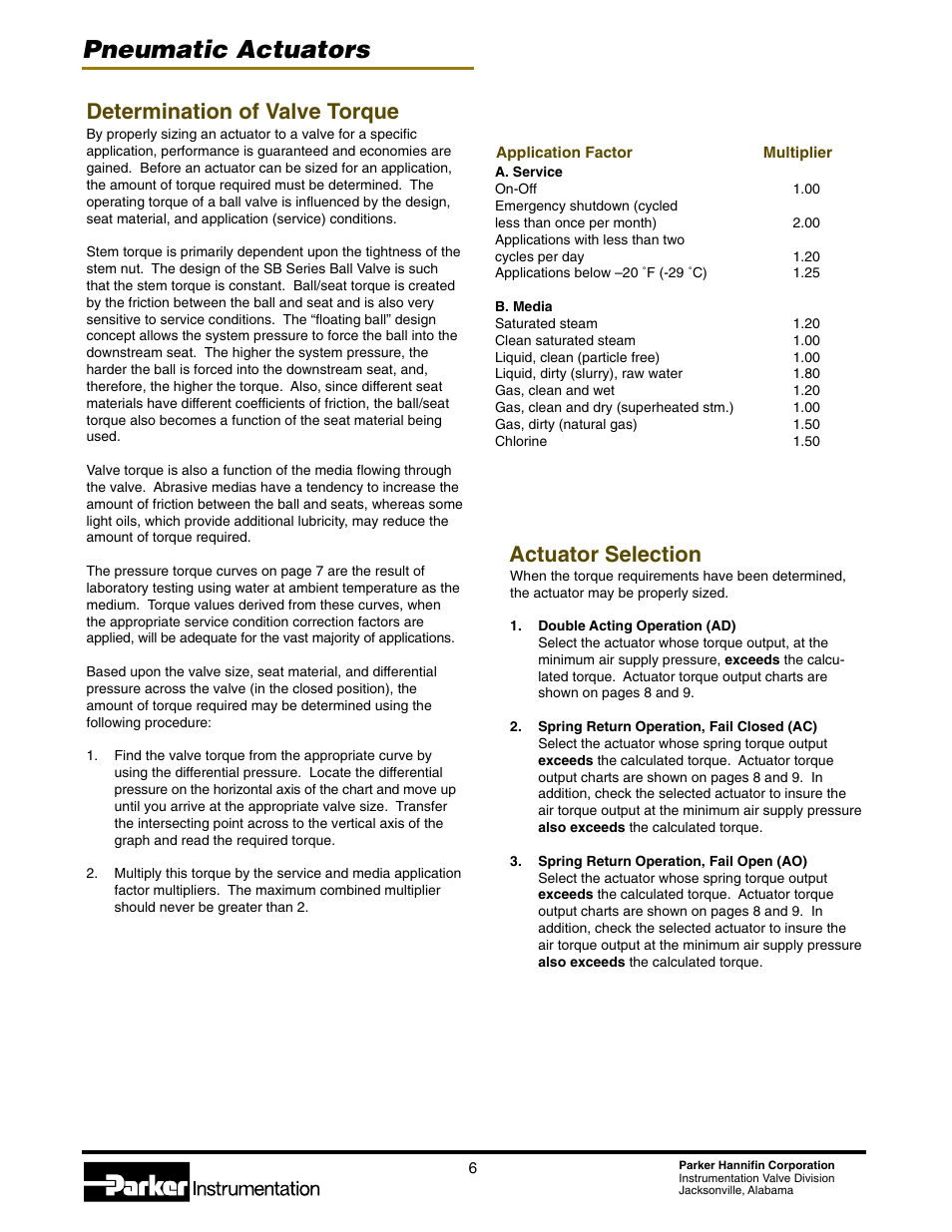 Pneumatic actuators, Determination of valve torque, Actuator selection | Parker Hannifin 4123-PA User Manual | Page 6 / 12