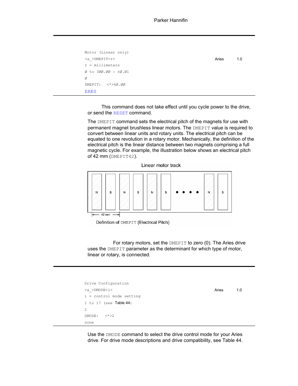 Figure 43 linear motor track, Dmepit, Dmode | Parker Hannifin 88-021610-01G User Manual | Page 103 / 208
