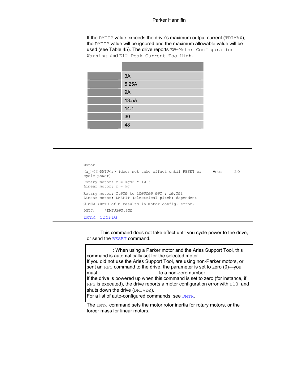 Table 45 peak current rating for aries drives, Dmtj | Parker Hannifin 88-021610-01G User Manual | Page 109 / 208