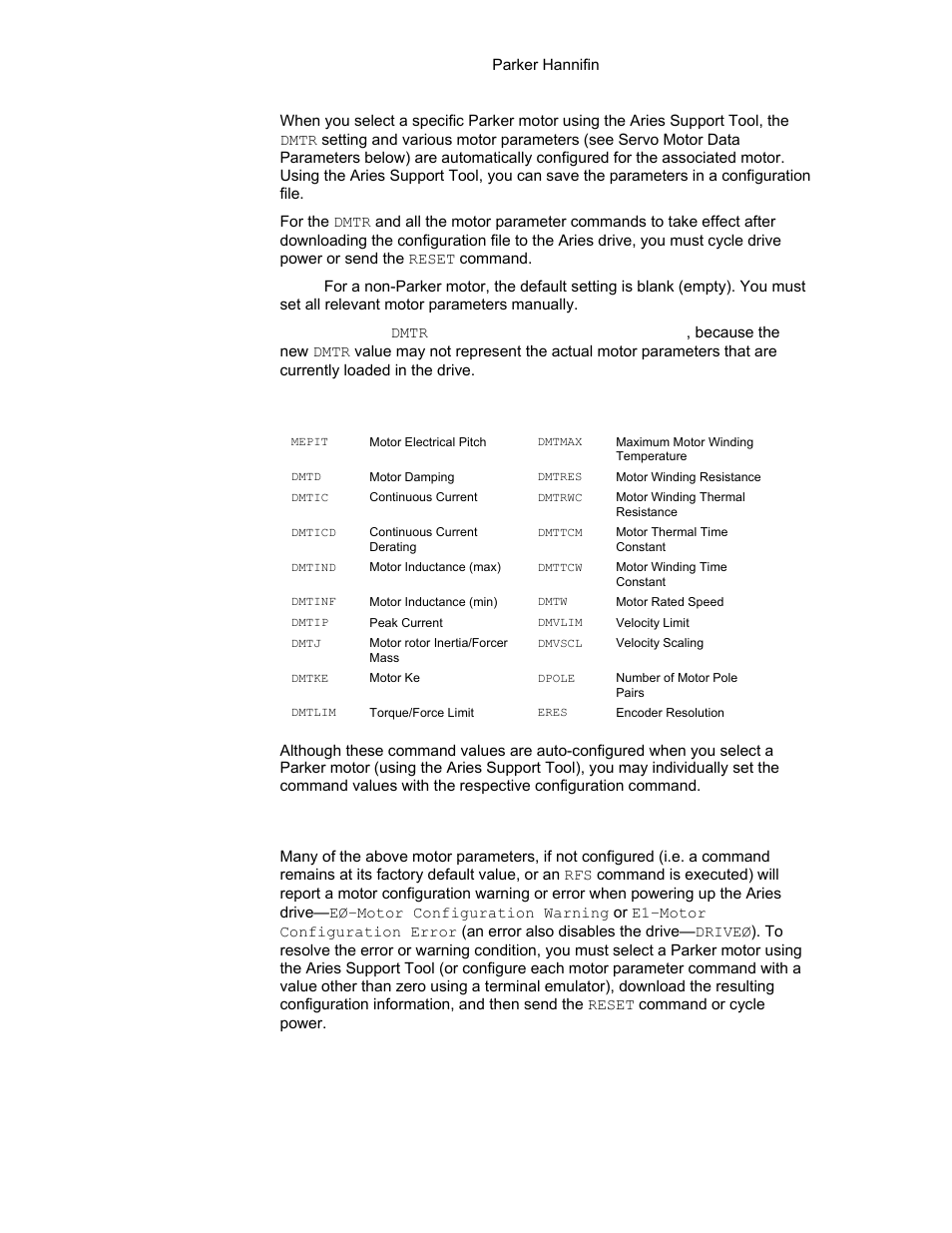 Servo motor data parameters, Motor configuration error | Parker Hannifin 88-021610-01G User Manual | Page 113 / 208