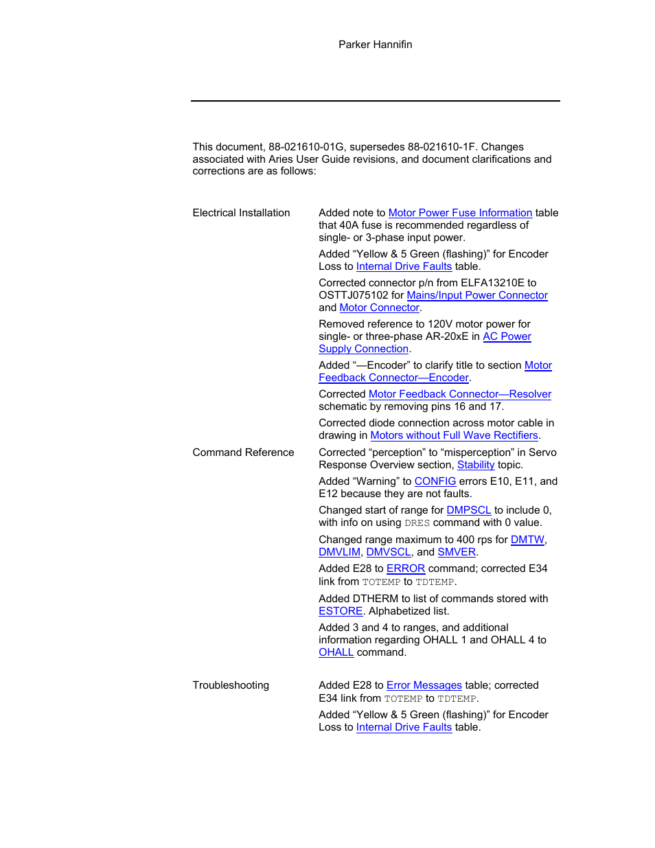 Change summary, Revision g changes | Parker Hannifin 88-021610-01G User Manual | Page 12 / 208