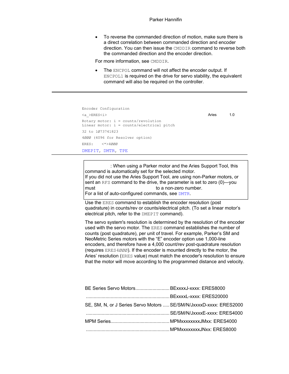 Eres, Resolutions for parker encoders | Parker Hannifin 88-021610-01G User Manual | Page 128 / 208