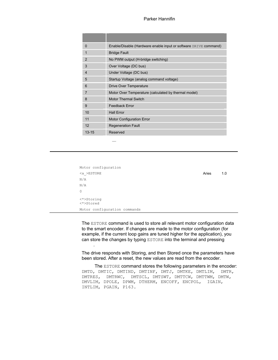 Table 47 error log, Enable/disable, Estore | Alphabeti, Table 47 | Parker Hannifin 88-021610-01G User Manual | Page 132 / 208