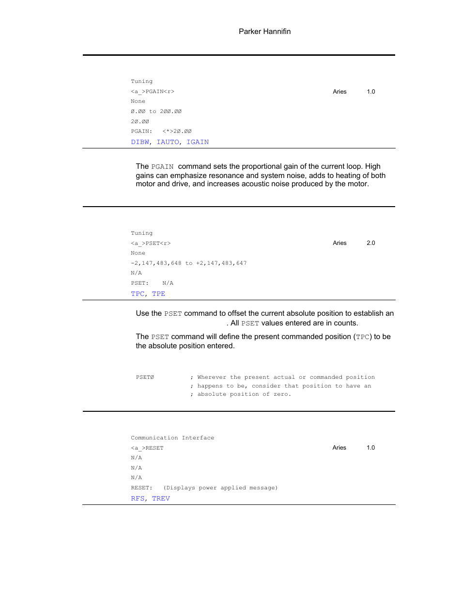 Reset, Pgain, Command | Pset | Parker Hannifin 88-021610-01G User Manual | Page 138 / 208