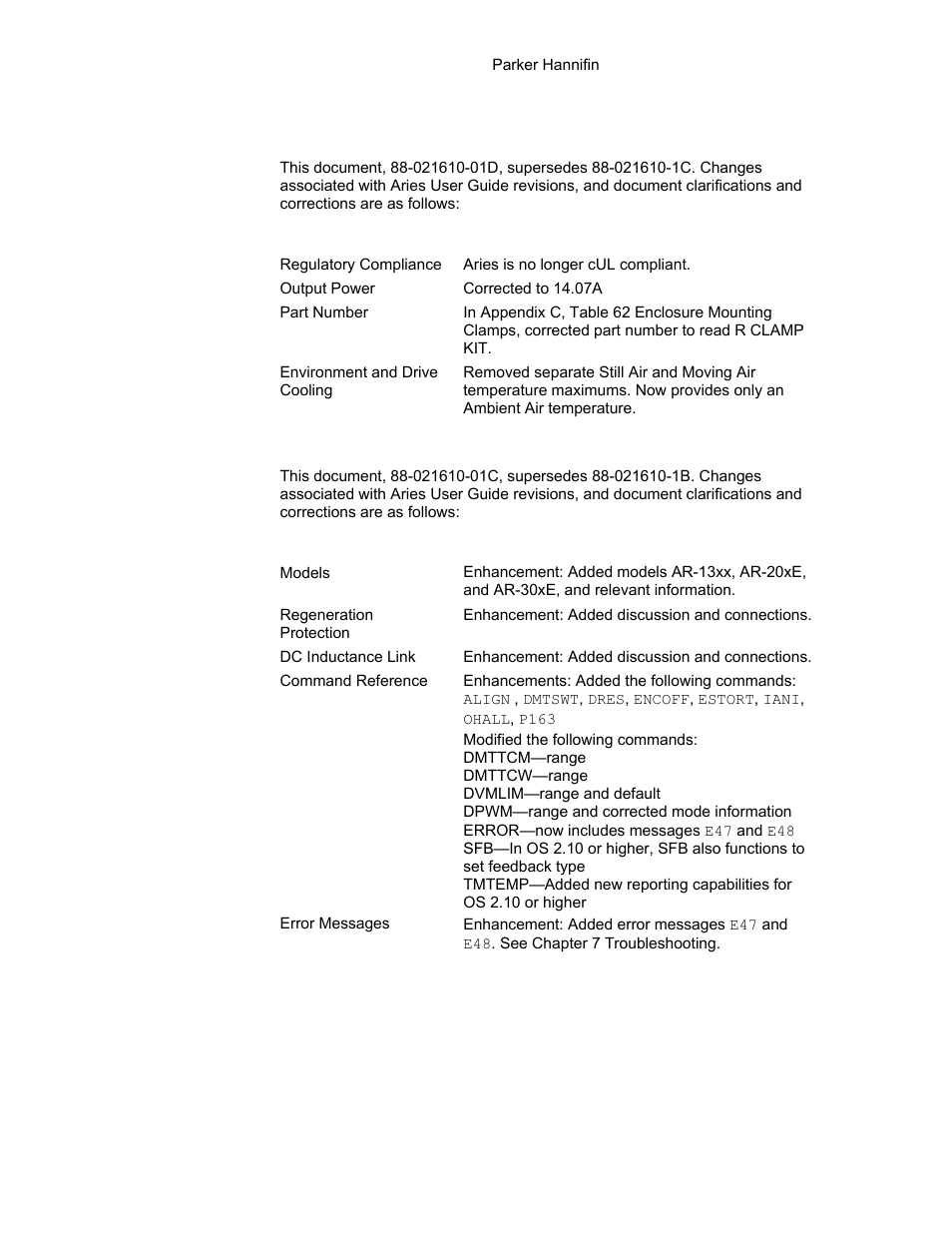 Revision d changes, Revision c changes | Parker Hannifin 88-021610-01G User Manual | Page 14 / 208