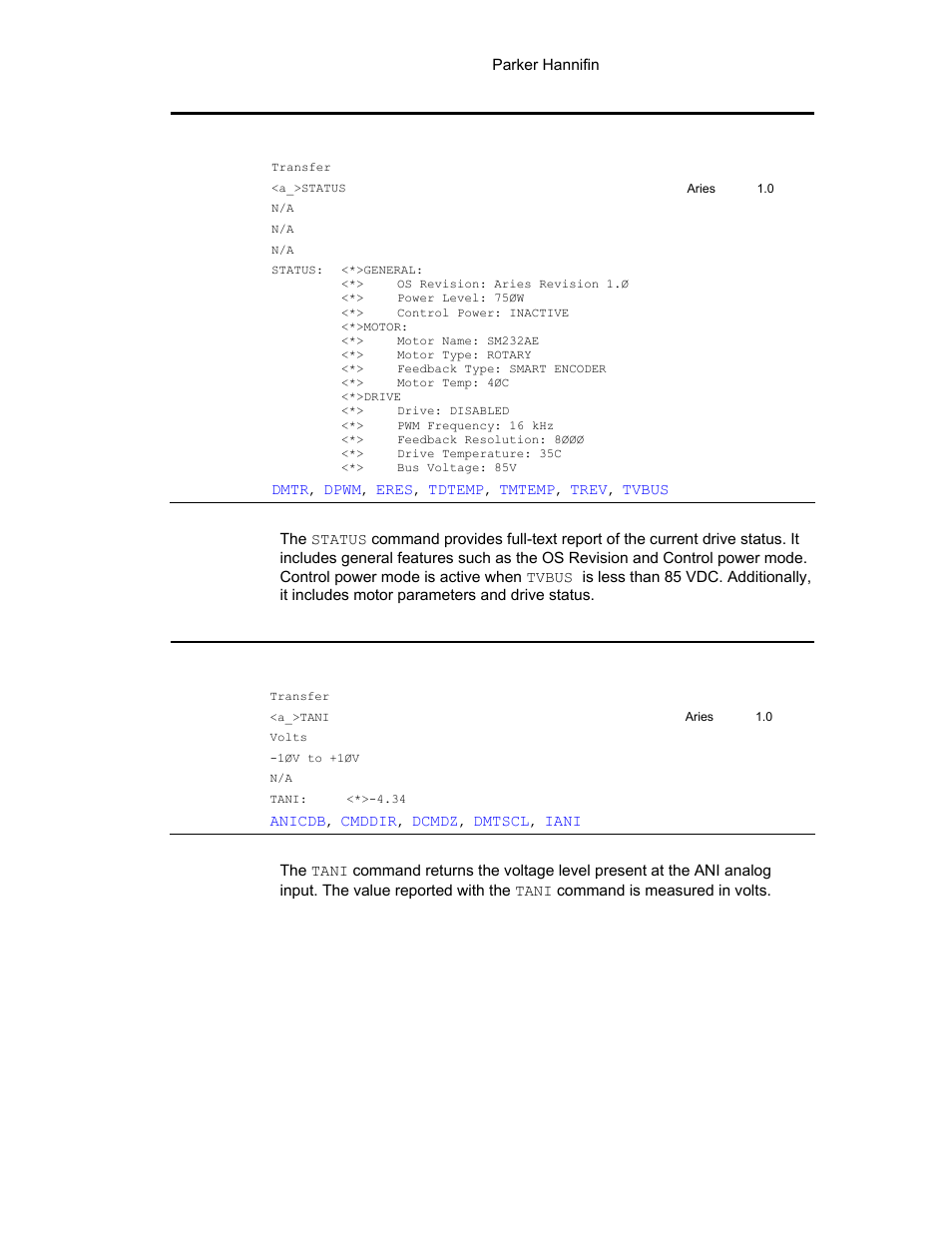 Tani, Status | Parker Hannifin 88-021610-01G User Manual | Page 145 / 208