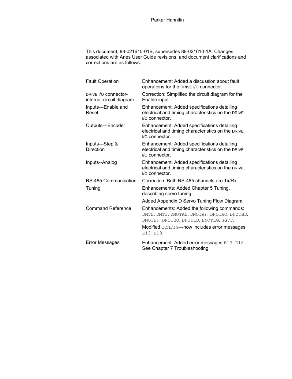 Revision b changes | Parker Hannifin 88-021610-01G User Manual | Page 15 / 208