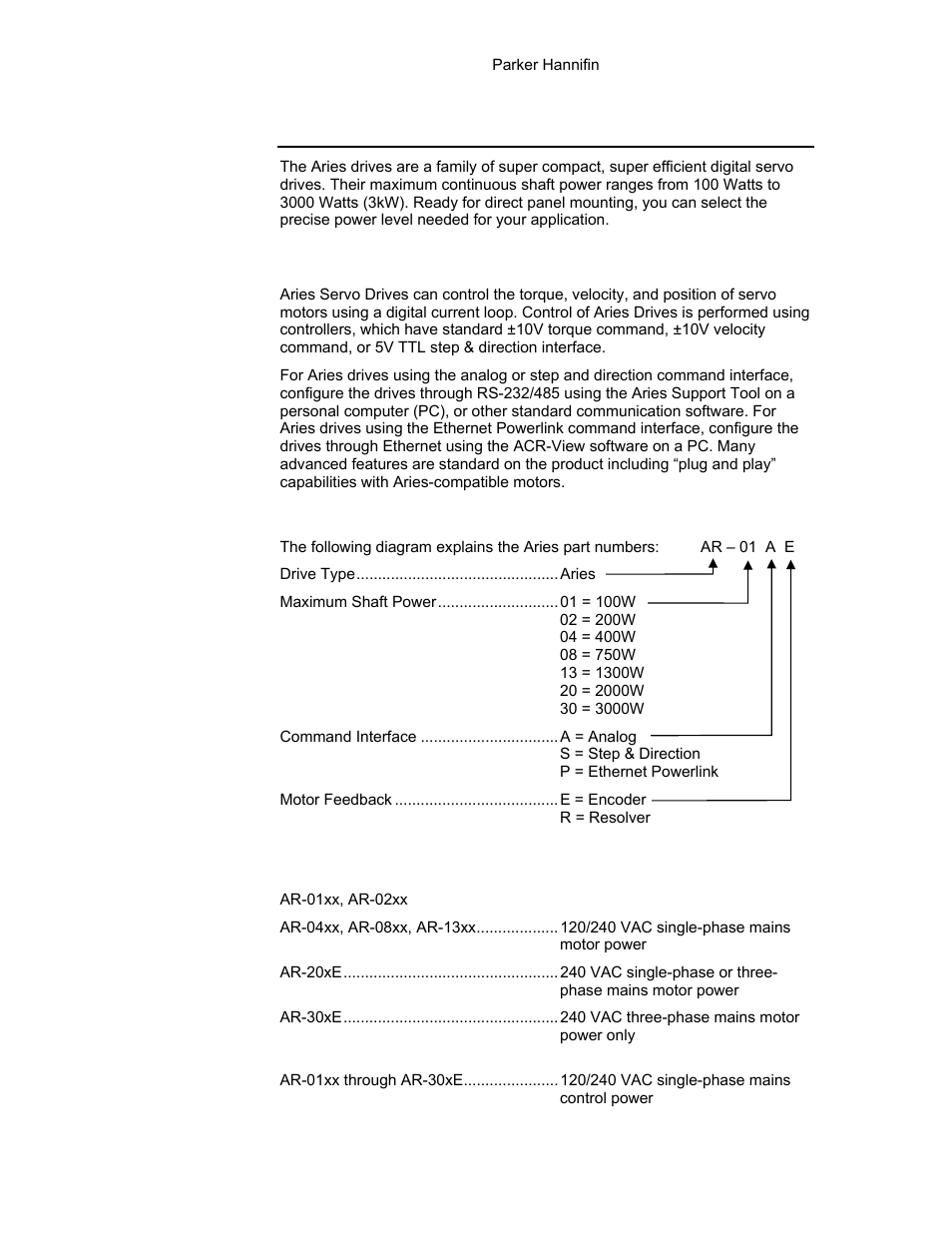 Aries products—overview, Aries product descriptions, Aries names | Input power | Parker Hannifin 88-021610-01G User Manual | Page 17 / 208