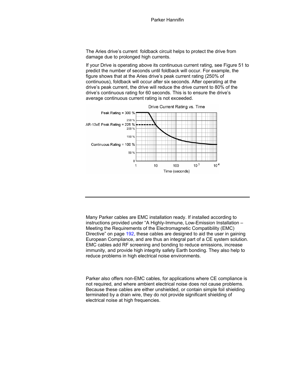 Cables, Figure 51 time until current foldback occurs, Current foldback | Emc ready cables, Non-emc cables | Parker Hannifin 88-021610-01G User Manual | Page 173 / 208