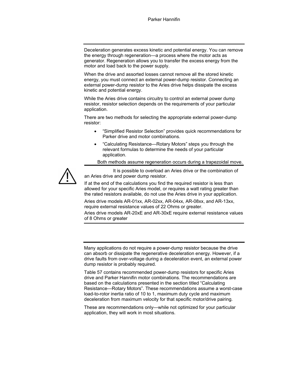External power-dump resistor selection, Simplified resistor selection | Parker Hannifin 88-021610-01G User Manual | Page 175 / 208