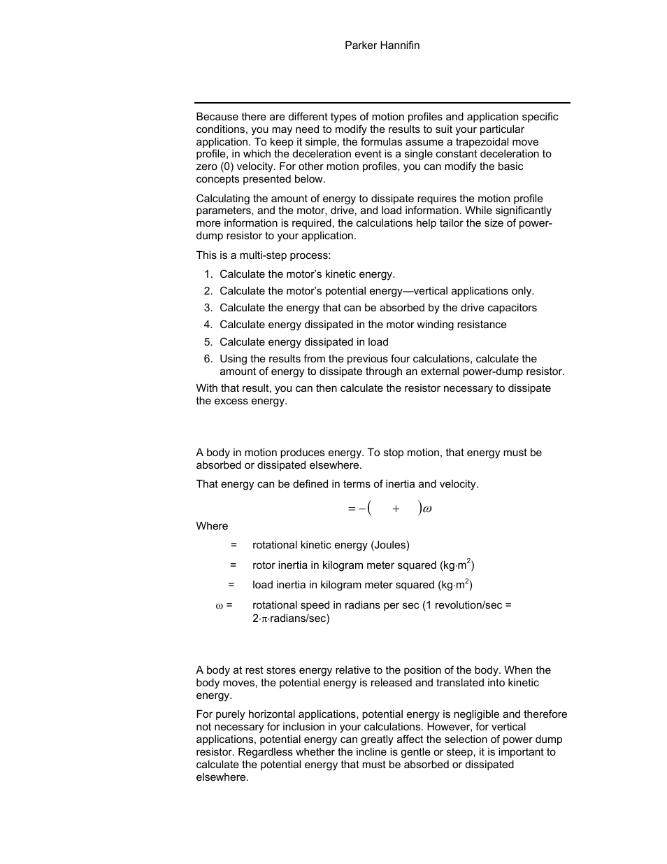 Calculating resistance—rotary motors, Total kinetic energy, Total potential energy | Parker Hannifin 88-021610-01G User Manual | Page 177 / 208