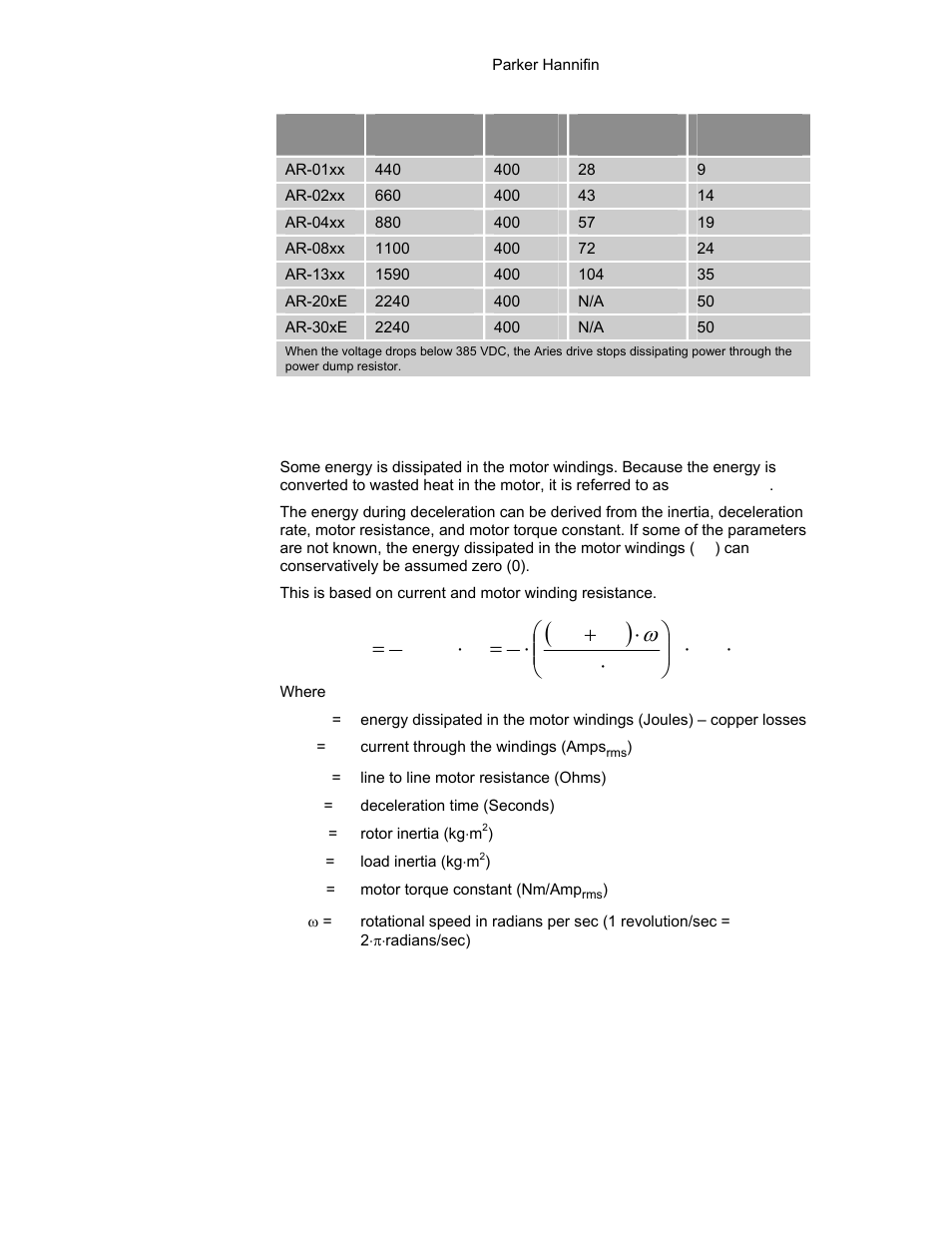 Table 58 drive capacitor absorption, Energy dissipated in motor winding resistance | Parker Hannifin 88-021610-01G User Manual | Page 179 / 208