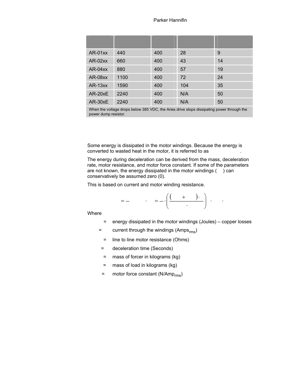 Table 59 drive capacitor absorption, E fixed. table 59 on pa, 185 provid | Energy dissipated in motor winding resistance | Parker Hannifin 88-021610-01G User Manual | Page 185 / 208