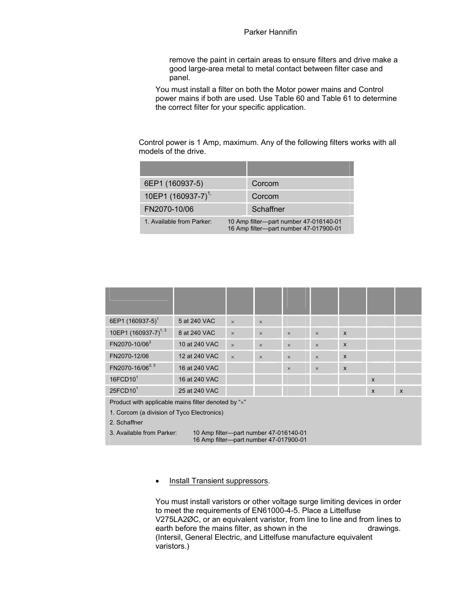 Table 60 control power filter selection, Table 61 mains motor power filter selection, Control power | Mains motor power | Parker Hannifin 88-021610-01G User Manual | Page 194 / 208