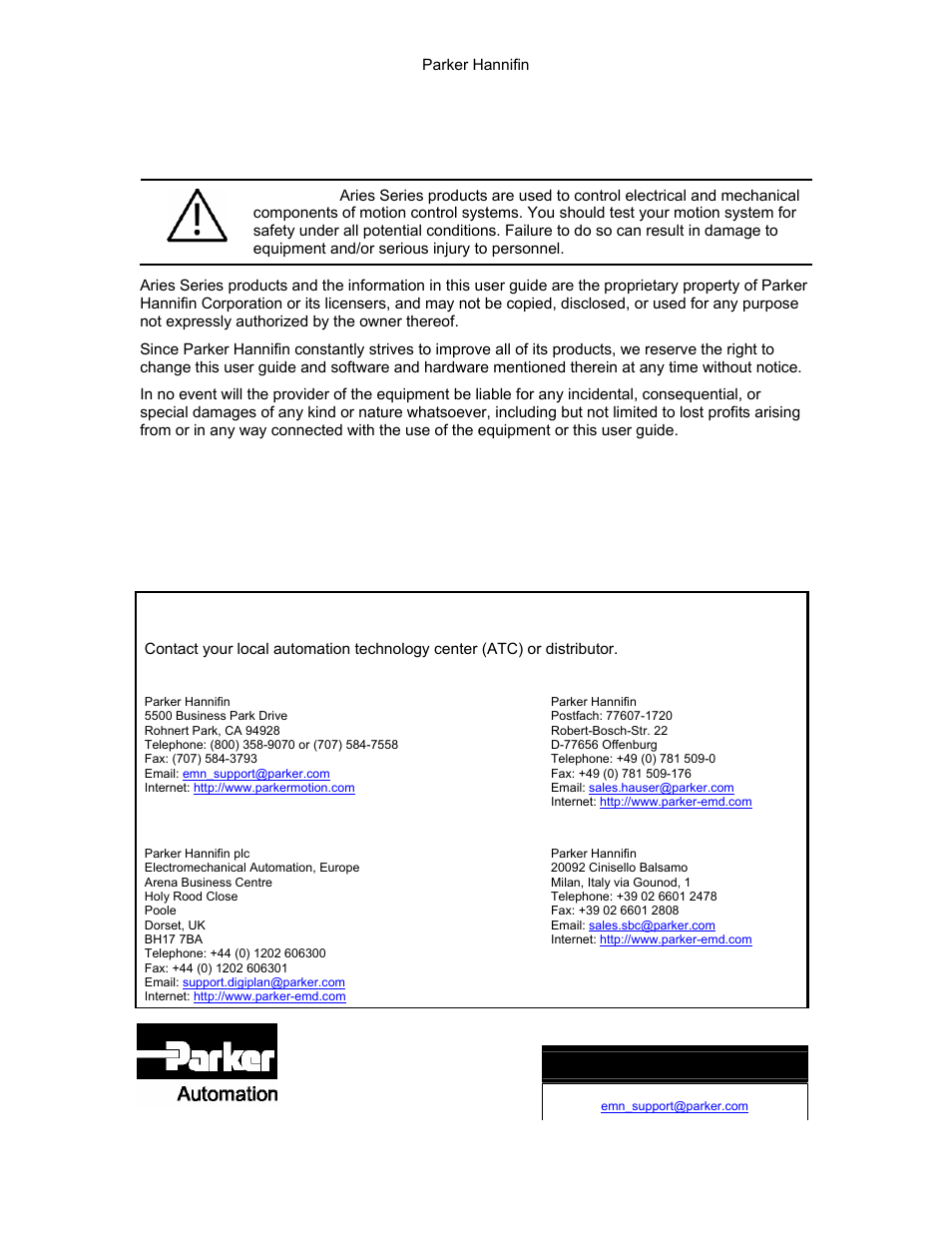 User information, Technical assistance | Parker Hannifin 88-021610-01G User Manual | Page 2 / 208