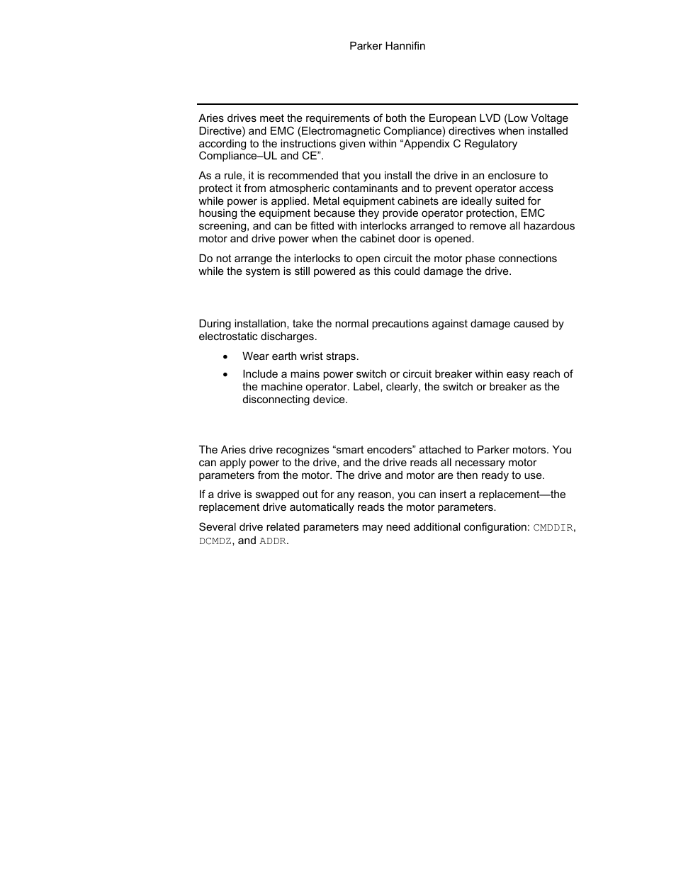 Installation safety requirements, Precautions, Auto-configuration for encoders | Parker Hannifin 88-021610-01G User Manual | Page 33 / 208