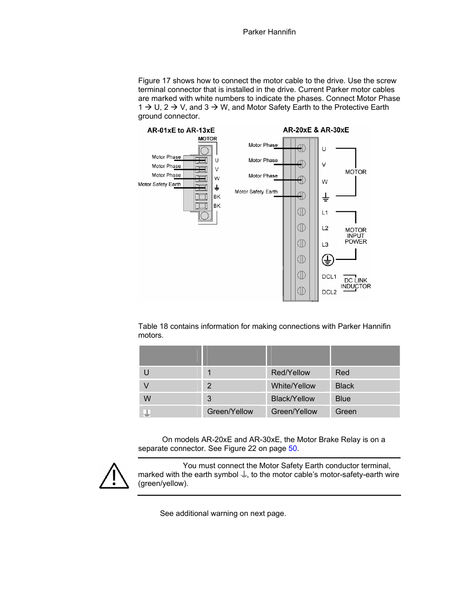 Table 18 wiring to motors, Figure 17 output power connection, Output power connection | Parker Hannifin 88-021610-01G User Manual | Page 44 / 208