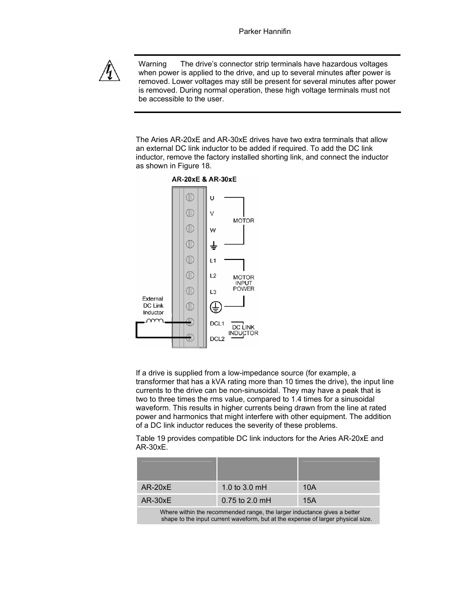 Table 19 ar-20xe & ar-30xe dc link inductors, Figure 18 external dc link inductor connection, External dc link inductor (optional) | Parker Hannifin 88-021610-01G User Manual | Page 45 / 208