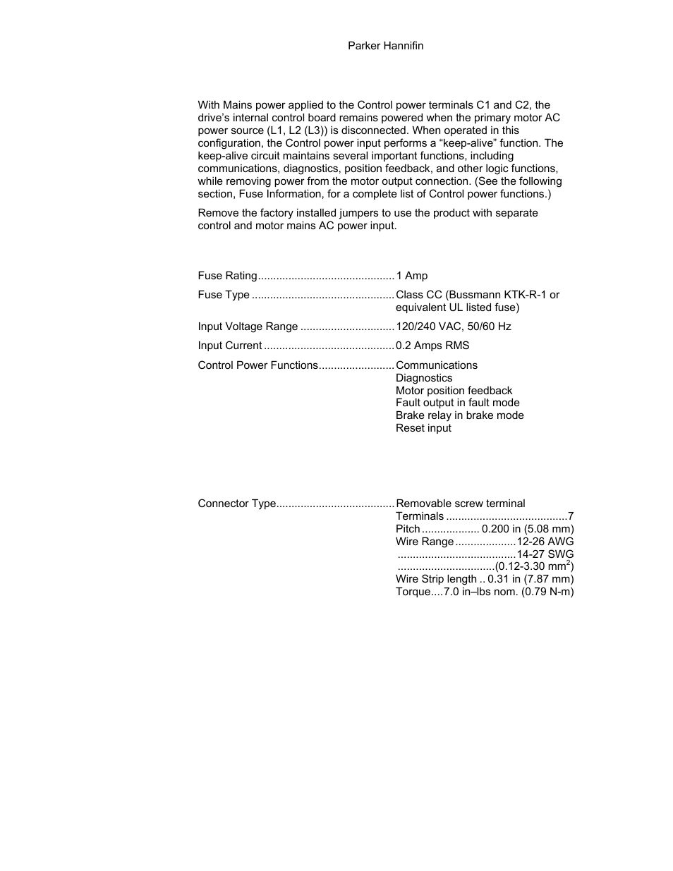 Control power supply | Parker Hannifin 88-021610-01G User Manual | Page 46 / 208