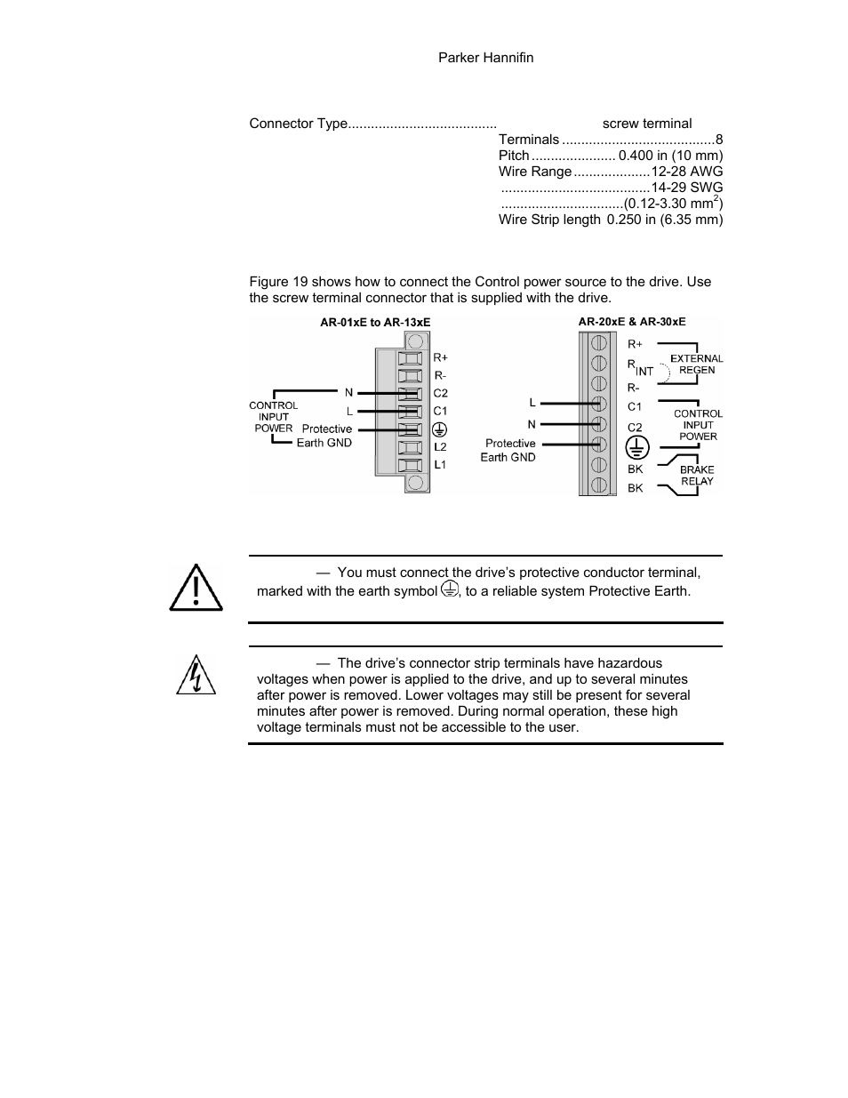 Figure 19 mains control input power | Parker Hannifin 88-021610-01G User Manual | Page 47 / 208