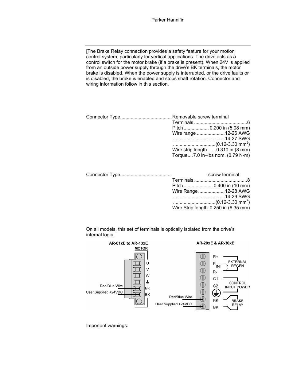 Brake relay (optional), Figure 22 typical brake relay connection, Figure 22 on p | Parker Hannifin 88-021610-01G User Manual | Page 50 / 208