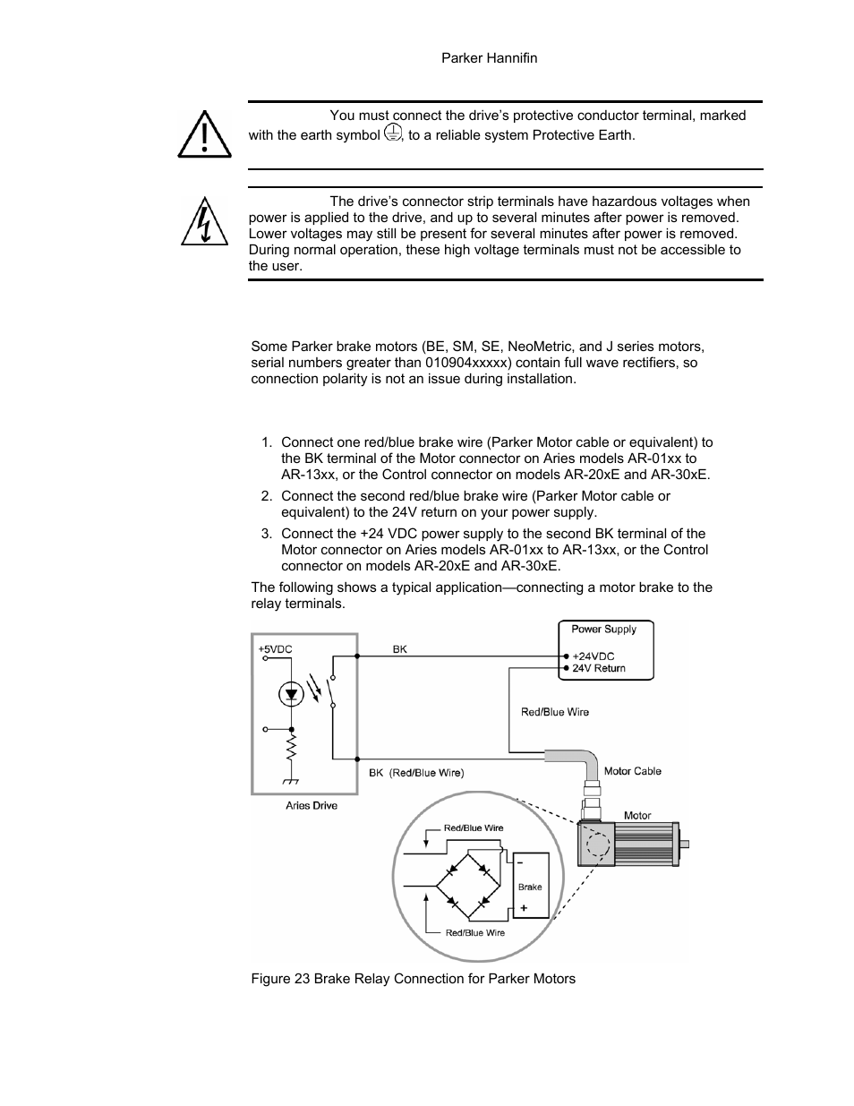 Figure 23 brake relay connection for parker motors, Motor with full wave rectifiers | Parker Hannifin 88-021610-01G User Manual | Page 51 / 208