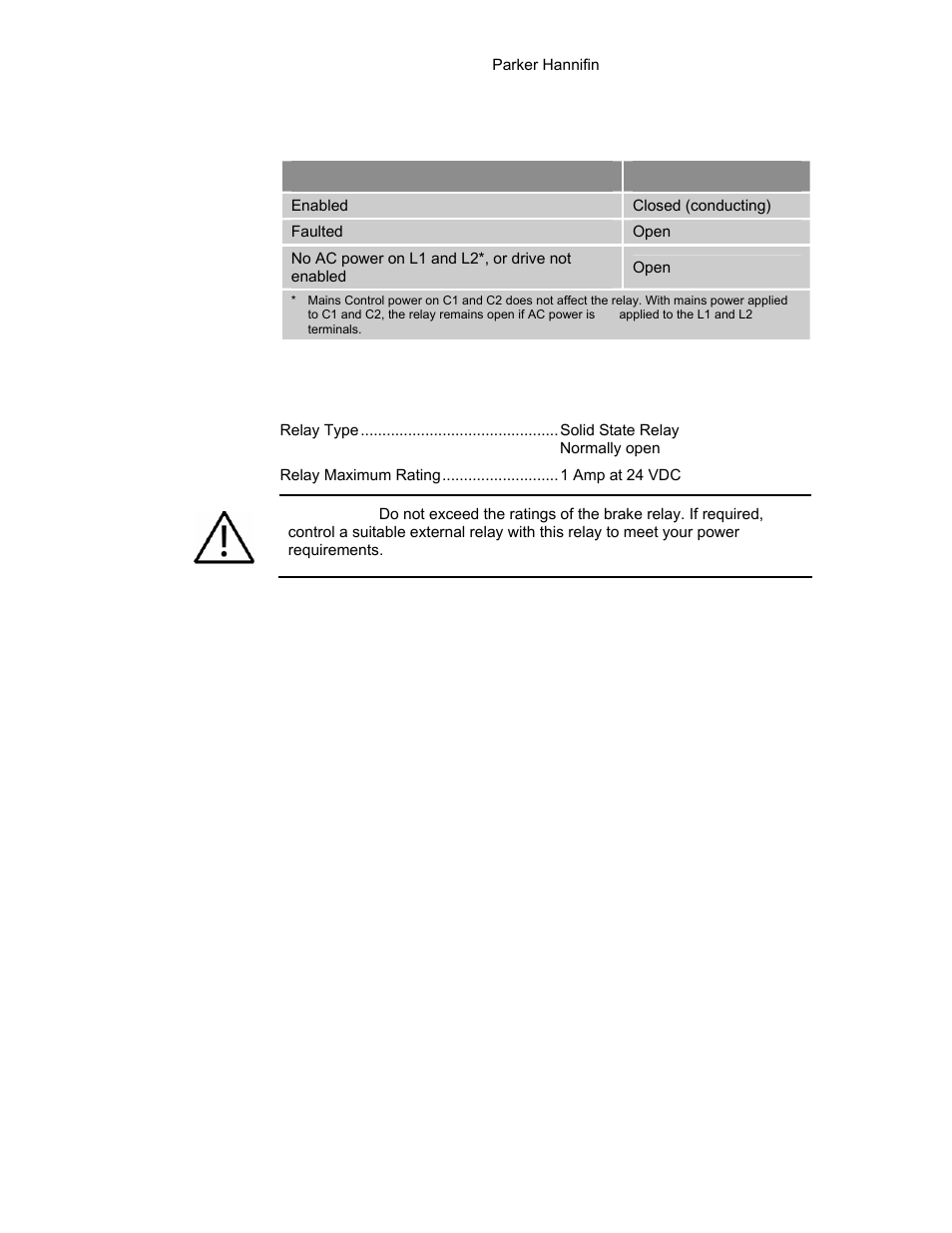 Table 20 brake relay operation, Relay operation, Relay specifications | Parker Hannifin 88-021610-01G User Manual | Page 53 / 208