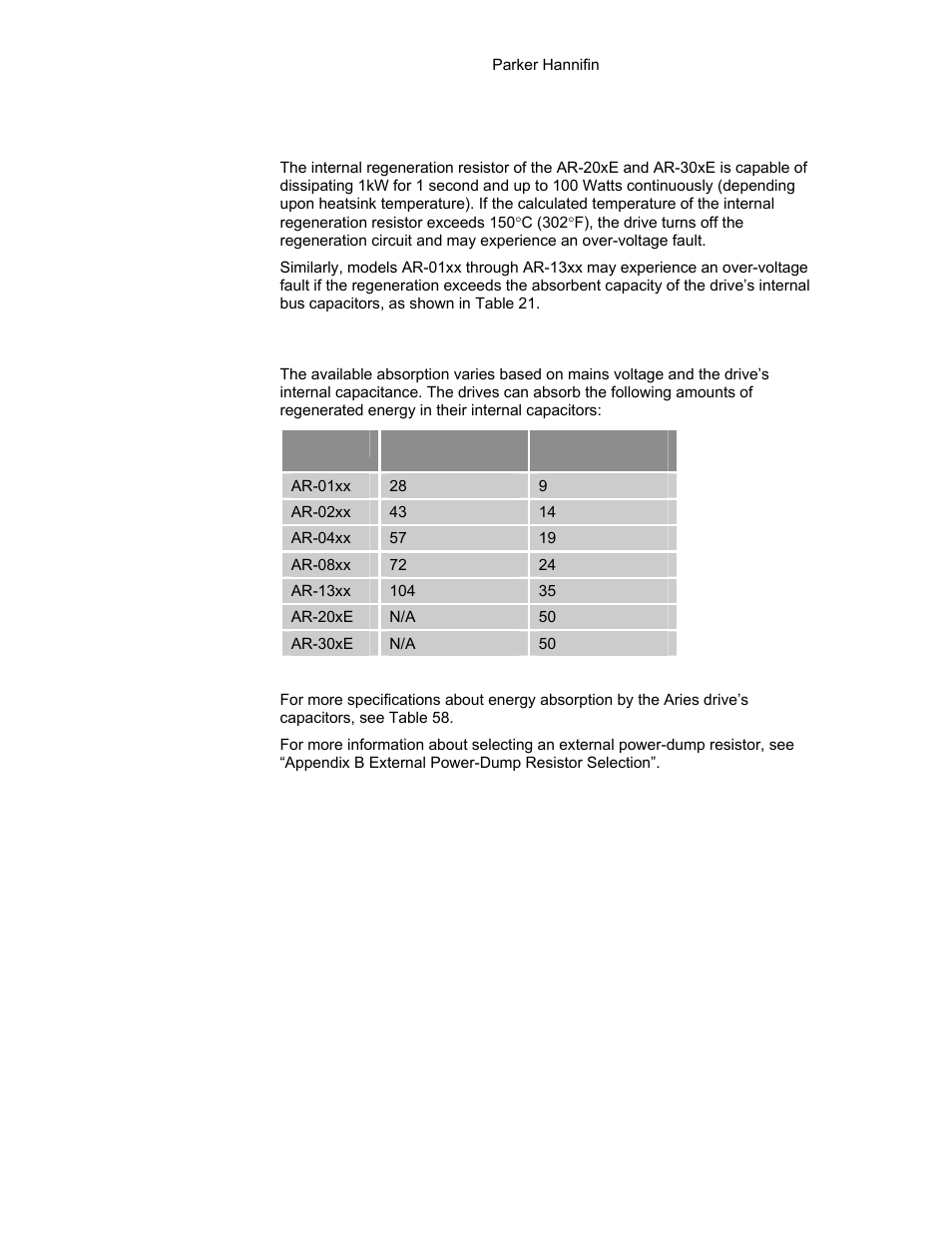 Table 21 regeneration absorption, Internal regeneration capability | Parker Hannifin 88-021610-01G User Manual | Page 55 / 208