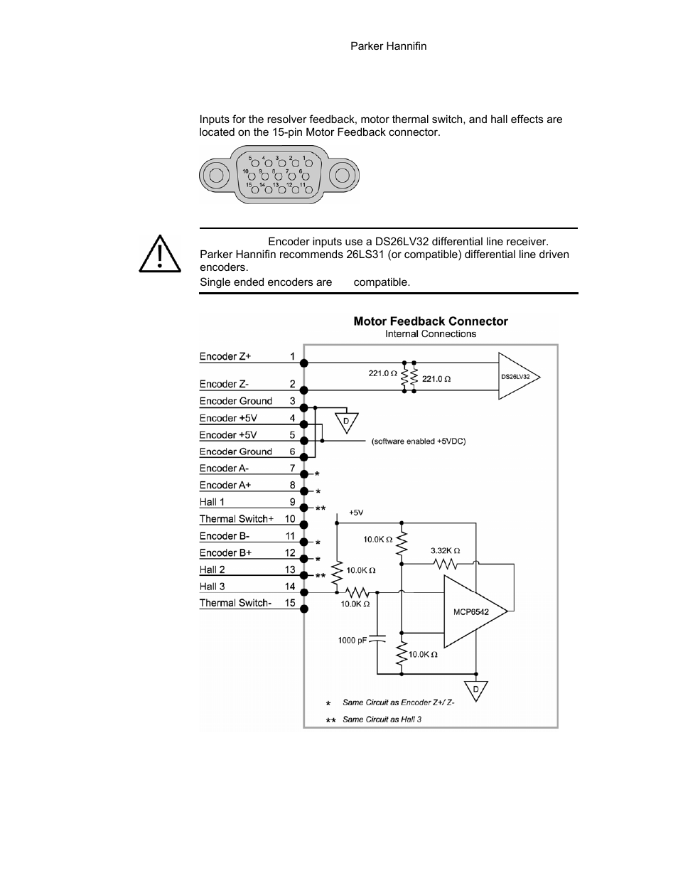 Figure 29, Motor feedback, Connector, female drive connector pinout | Figure 30, Connector, internal circuit diagram, Y title to section, Motor, Feedback connector—encoder, Motor feedback connector—encoder | Parker Hannifin 88-021610-01G User Manual | Page 62 / 208