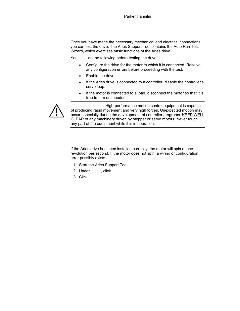 Installation test, Testing the aries drive | Parker Hannifin 88-021610-01G User Manual | Page 72 / 208