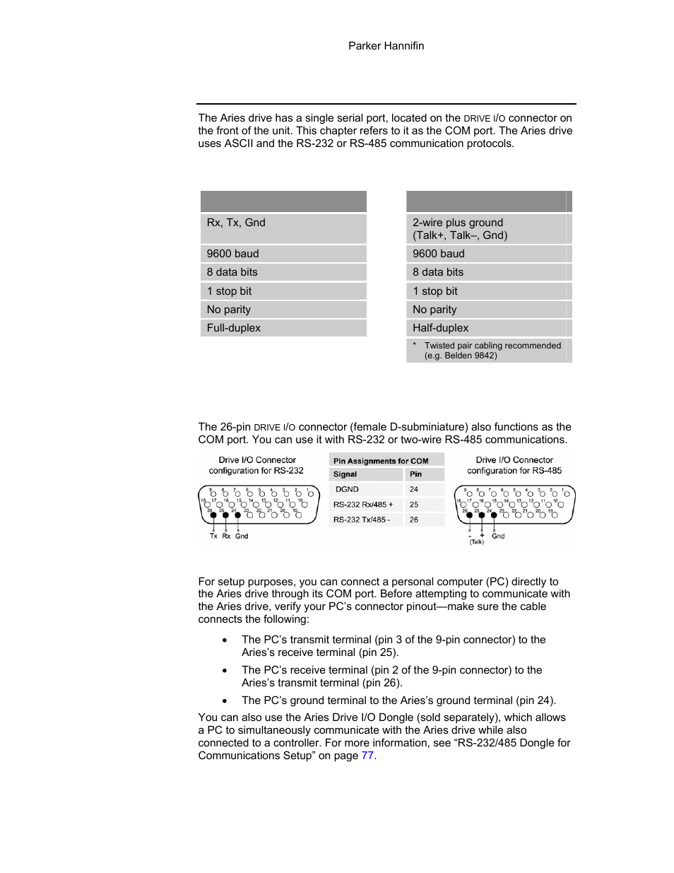 Rs-232/485 communications, Figure 35 rs-232/485 connections, Terminal emulator configuration | 74 establishing communications, Establishing communications | Parker Hannifin 88-021610-01G User Manual | Page 74 / 208