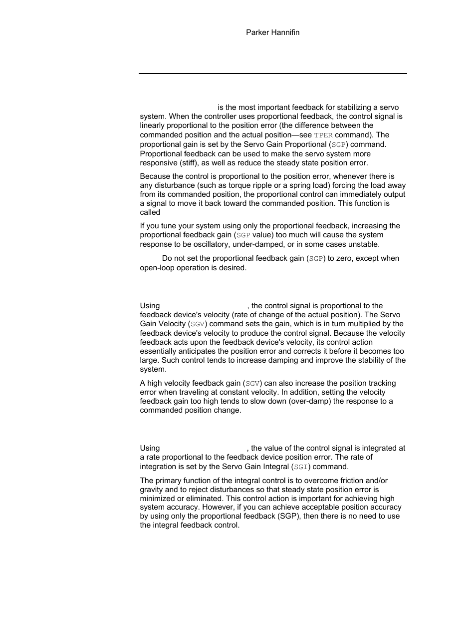 Servo system gains, E “servo system gains, Proportional feedback control (sgp) | Velocity feedback control (sgv), Integral feedback control (sgi) | Parker Hannifin 88-021610-01G User Manual | Page 83 / 208