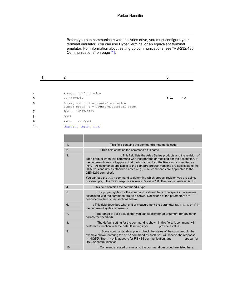 Aries communications set-up, Description of format, Table 39 commands-description of format | Eres | Parker Hannifin 88-021610-01G User Manual | Page 92 / 208