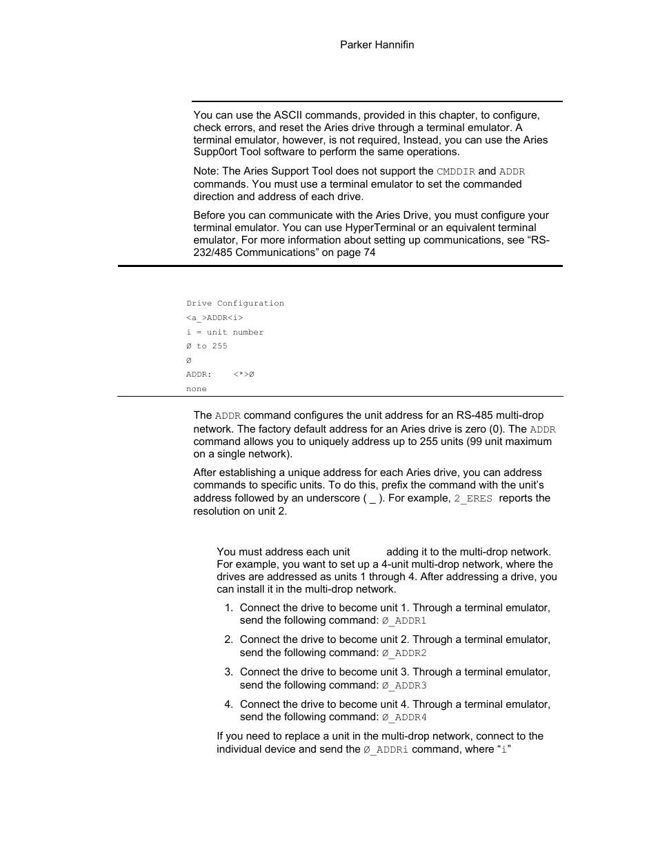 Command descriptions, Addr | Parker Hannifin 88-021610-01G User Manual | Page 95 / 208