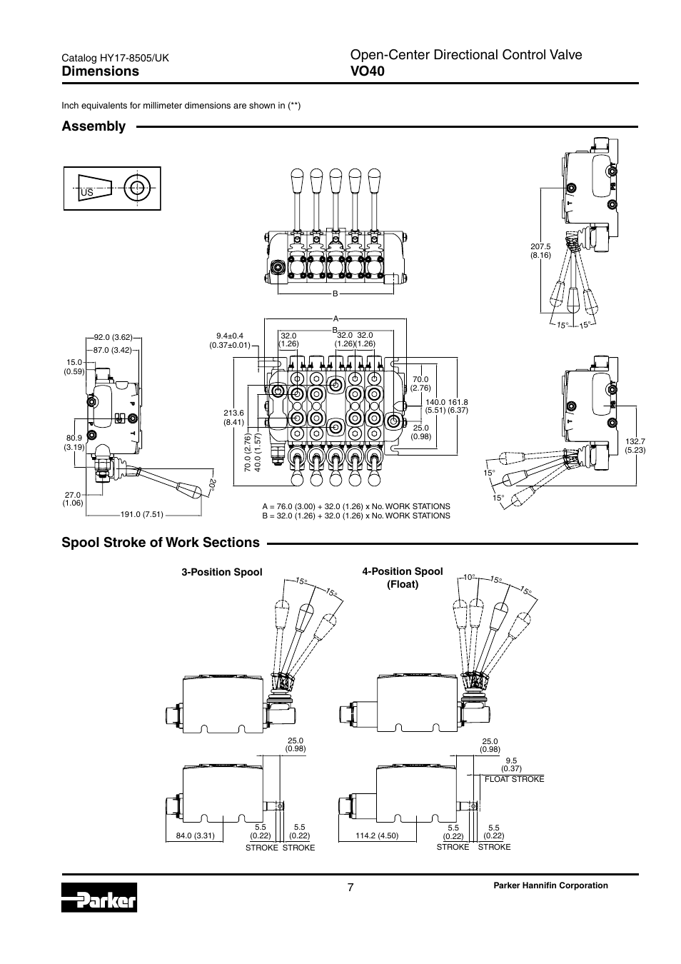Dimensions, Open-center directional control valve vo40 | Parker Hannifin VO40 User Manual | Page 11 / 28