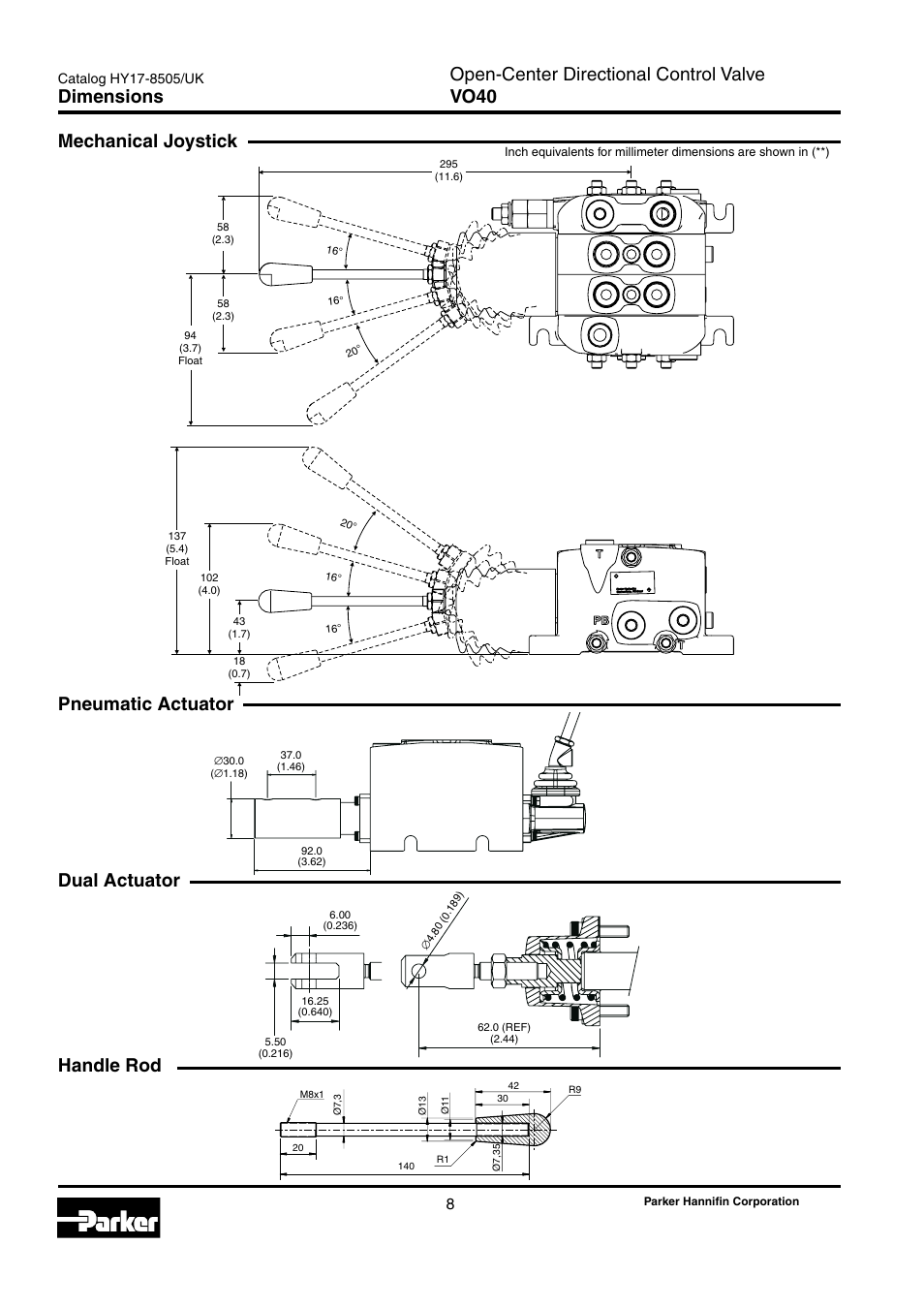 Open-center directional control valve vo40, Mechanical joystick, Dual actuator pneumatic actuator | Dimensions handle rod | Parker Hannifin VO40 User Manual | Page 12 / 28