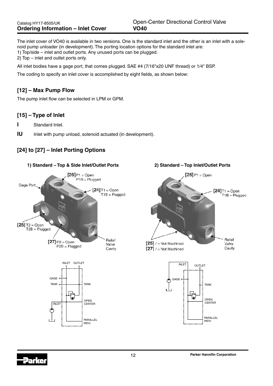 Ordering information – inlet cover, Inlet cover, Open-center directional control valve vo40 | 12] – max pump flow, 15] – type of inlet i, 24] to [27] – inlet porting options | Parker Hannifin VO40 User Manual | Page 16 / 28