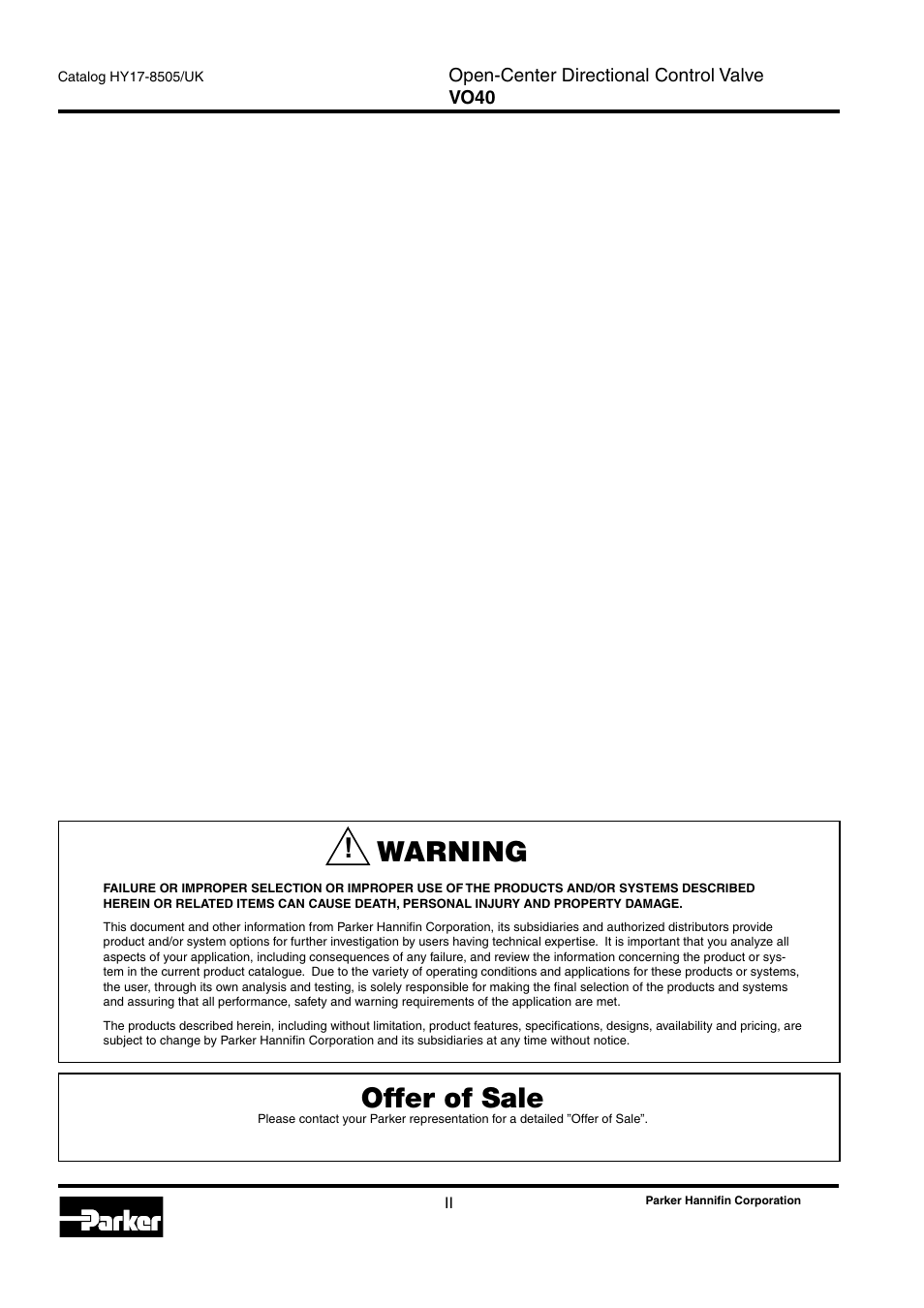 Offer of sale, Warning | Parker Hannifin VO40 User Manual | Page 2 / 28