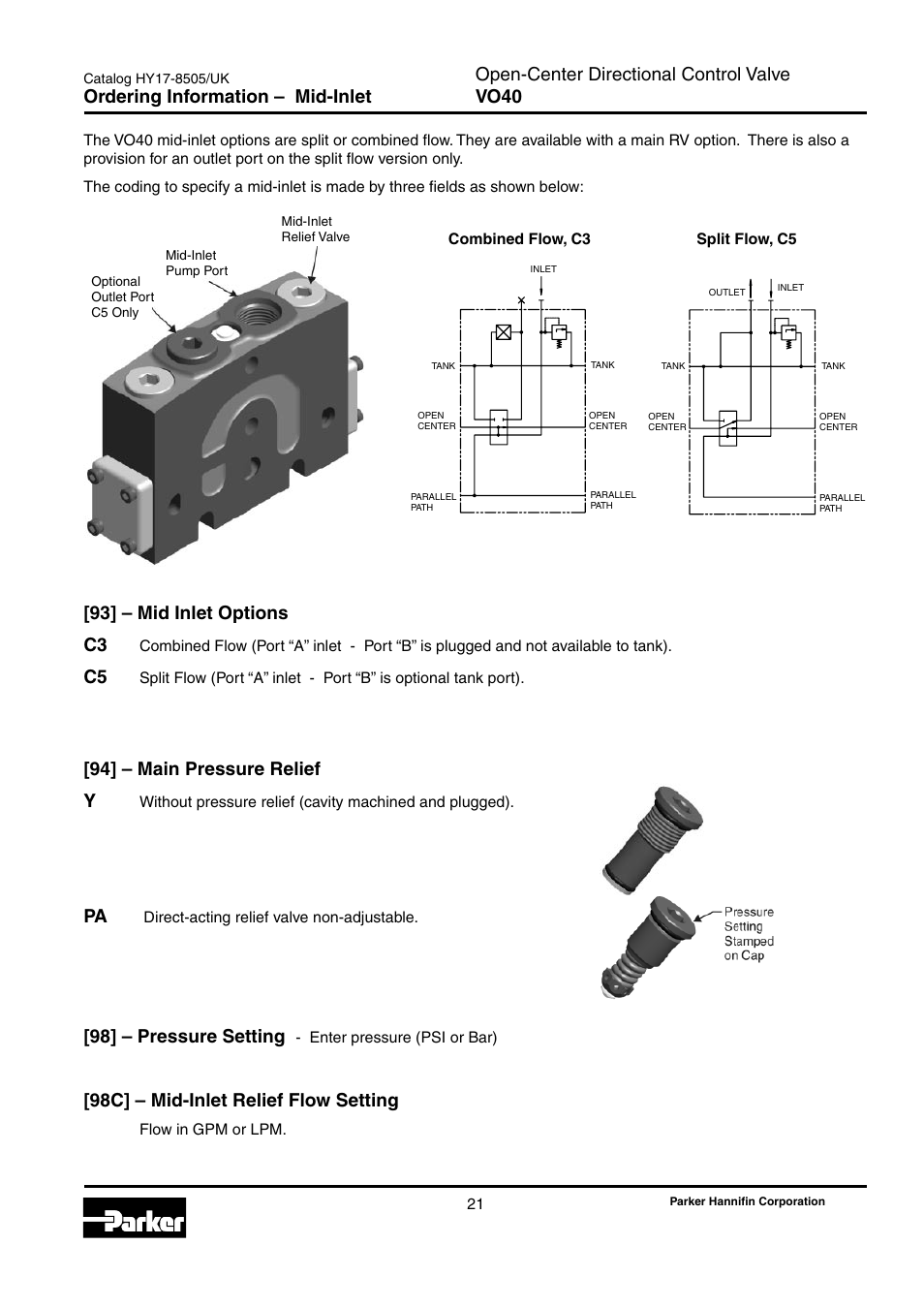 Ordering information – mid-inlet, Mid-inlet, Open-center directional control valve vo40 | 93] – mid inlet options c3, 94] – main pressure relief y, 98] – pressure setting, 98c] – mid-inlet relief flow setting | Parker Hannifin VO40 User Manual | Page 25 / 28
