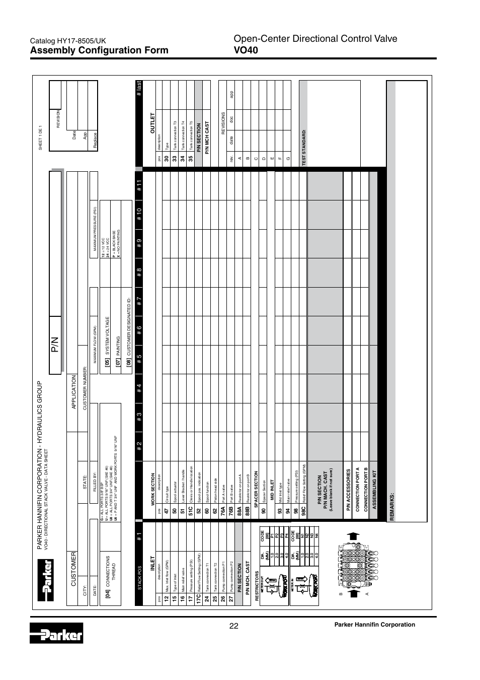 Assembly configuration form, Open-center directional control valve vo40, Parker hannifin corporation | Parker hannifin corporation - hydraulics group, Last, Customer | Parker Hannifin VO40 User Manual | Page 26 / 28