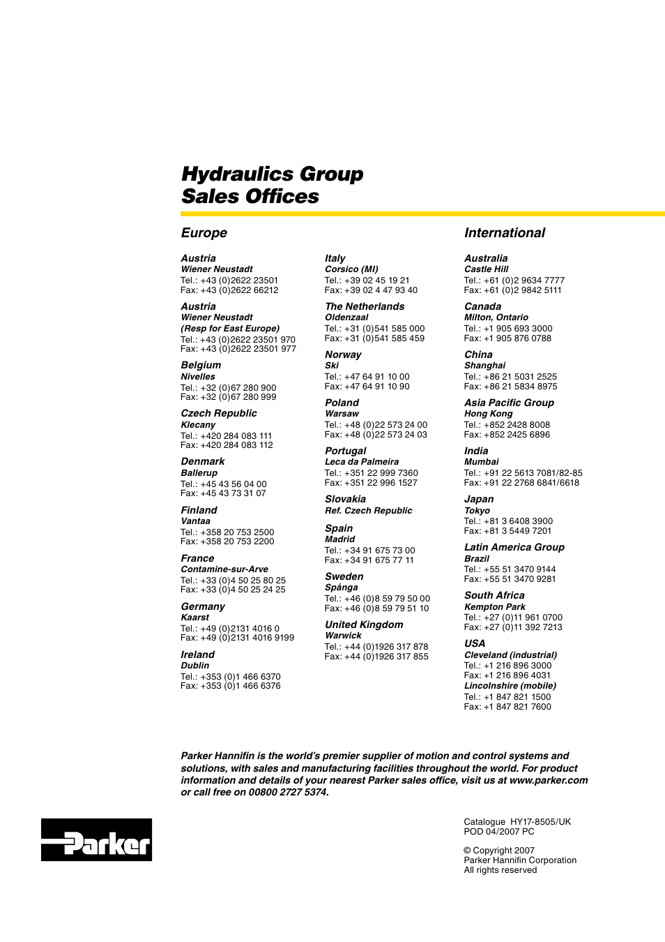Hydraulics group sales offices, International europe | Parker Hannifin VO40 User Manual | Page 28 / 28