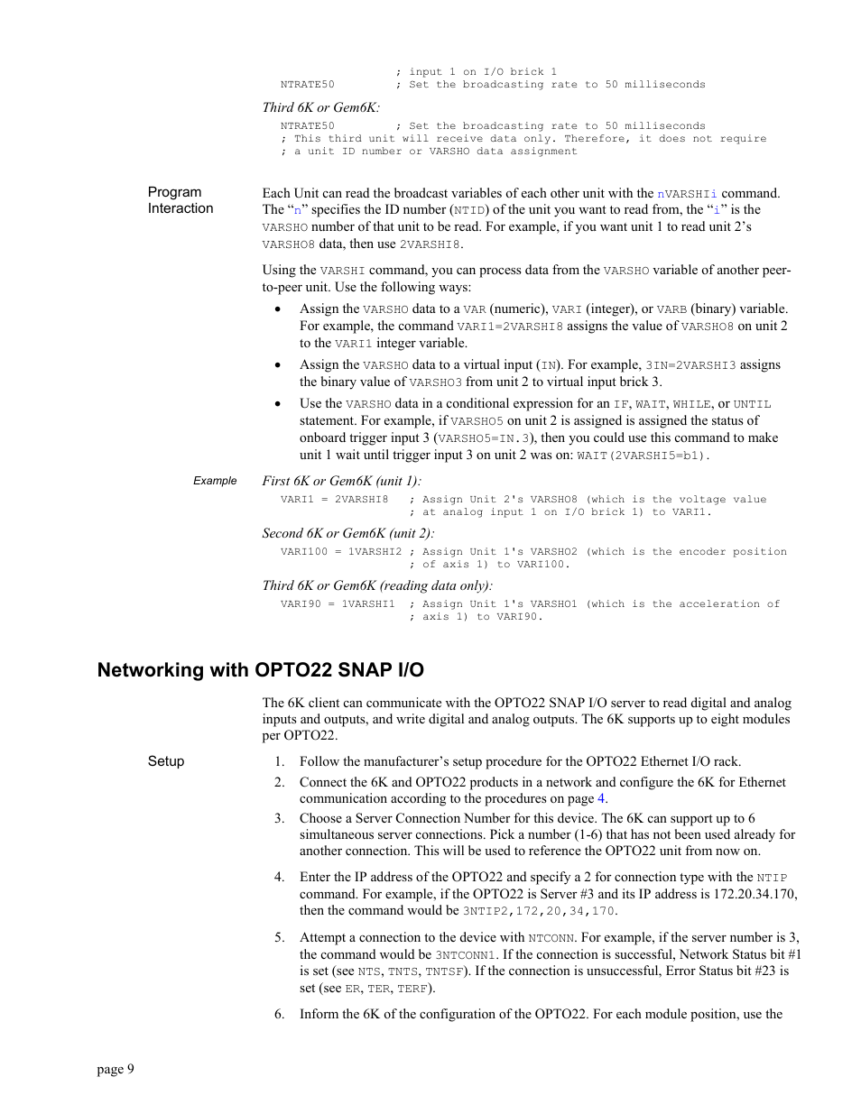 Program interaction, Example, Networking with opto22 snap i/o | Setup | Parker Hannifin GEM6K User Manual | Page 13 / 47