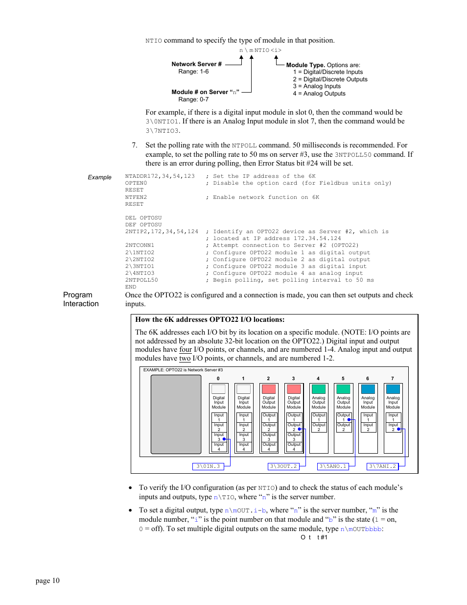 Example, Program interaction, Networking with a dvt vision system | Set the polling rate with the, Where, Is the server number, Is the module number, Is the point number on that module and, Is the state, Page 10 | Parker Hannifin GEM6K User Manual | Page 14 / 47