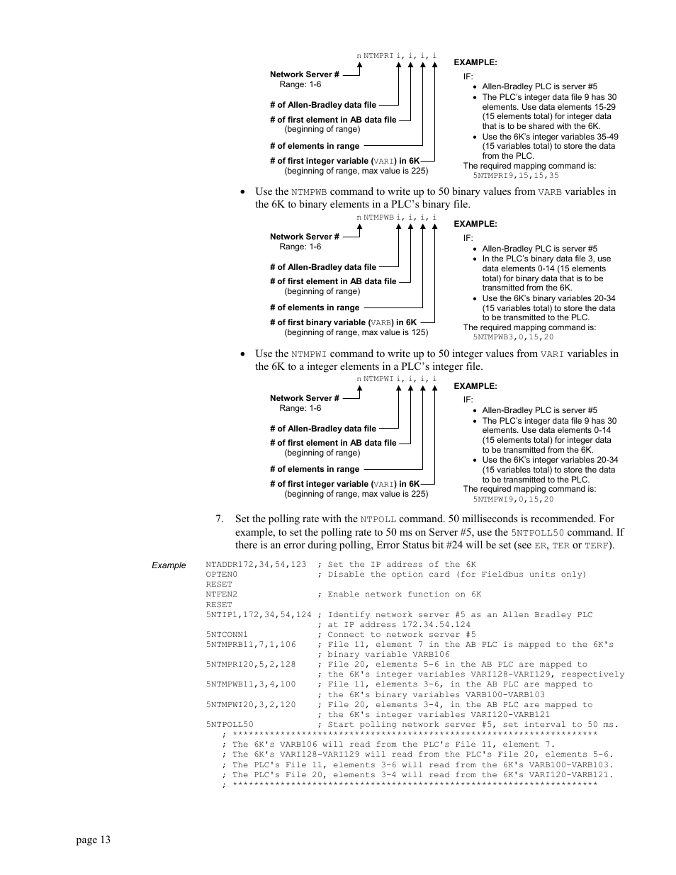 Example, Use the, Command to write up to 50 binary values from | Command to write up to 50 integer values from, Set the polling rate with the, Page 13 | Parker Hannifin GEM6K User Manual | Page 17 / 47